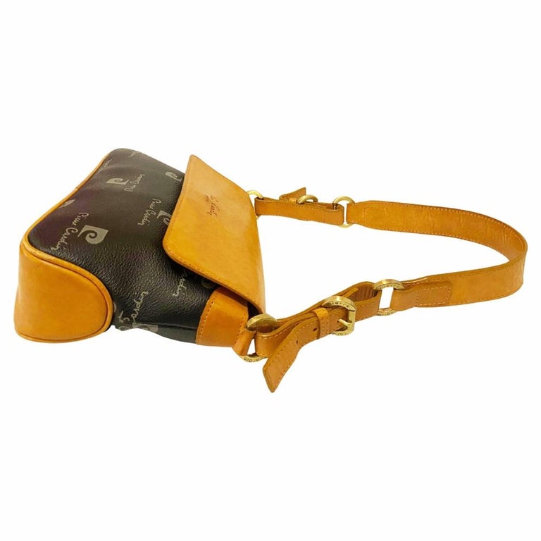 1980s Pierre Cardin Black Tan Logo Flap Shoulder Bag