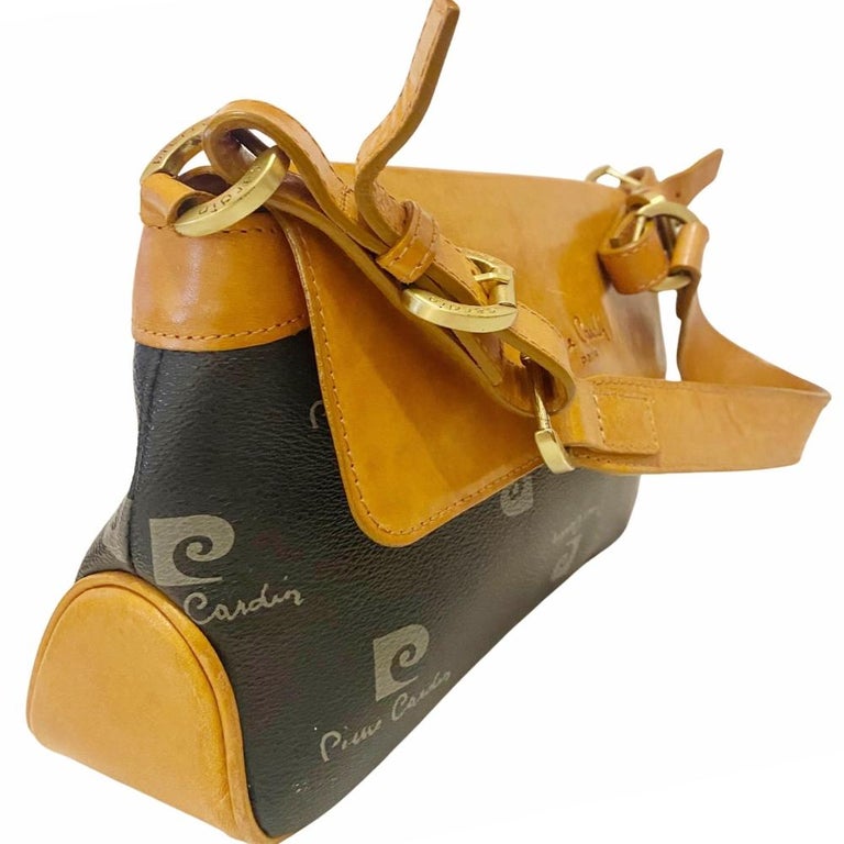 1980s Pierre Cardin Black Tan Logo Flap Shoulder Bag