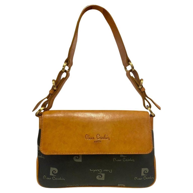 1980s Pierre Cardin Black Tan Logo Flap Shoulder Bag