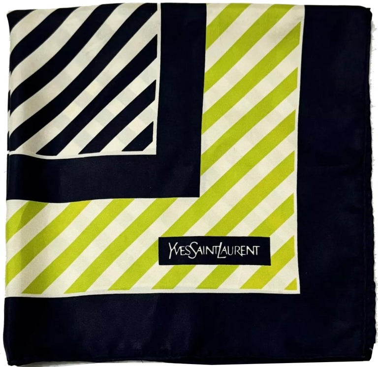 1980s Yves Saint Laurent Stripe Green Logo Silk Scarf