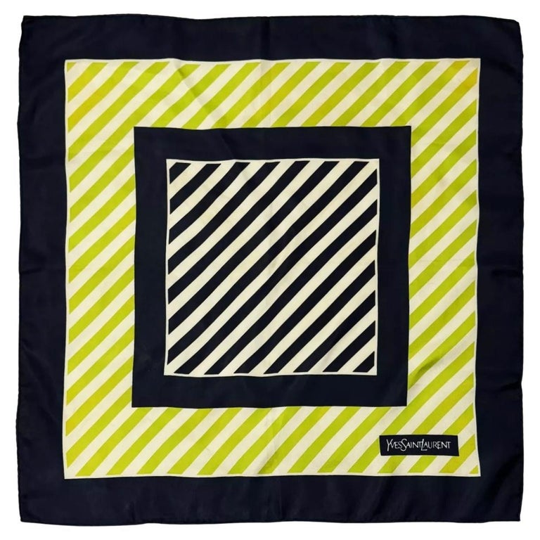1980s Yves Saint Laurent Stripe Green Logo Silk Scarf
