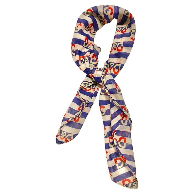 1990s D&G Dolce & Gabbana Cotton Blue Red Logo Squared Scarf