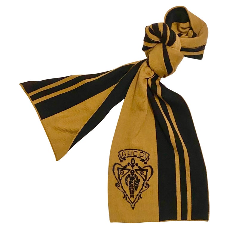 1990s Gucci Large Stripe Beige Black Logo Wool Scarf
