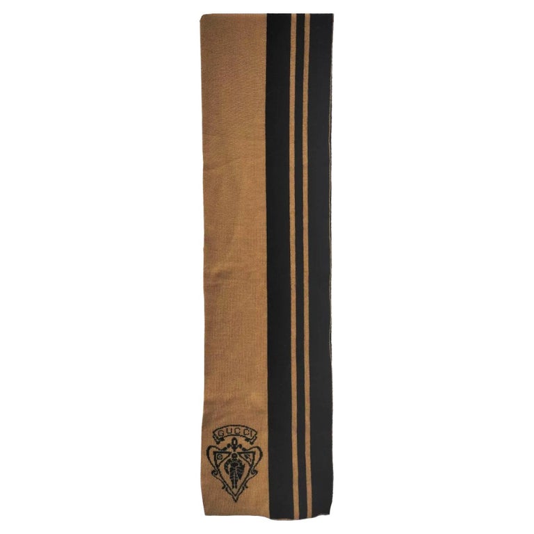 1990s Gucci Large Stripe Beige Black Logo Wool Scarf