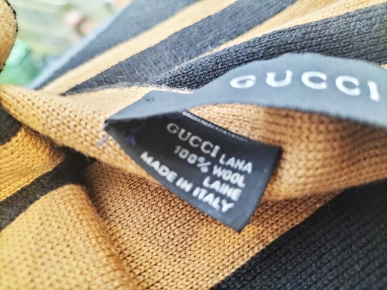 1990s Gucci Large Stripe Beige Black Logo Wool Scarf