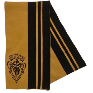 1990s Gucci Large Stripe Beige Black Logo Wool Scarf