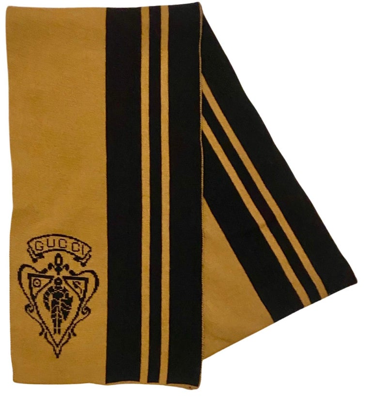1990s Gucci Large Stripe Beige Black Logo Wool Scarf