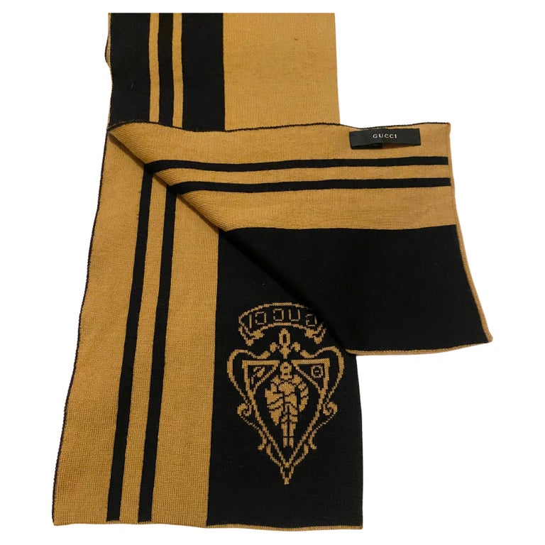 1990s Gucci Large Stripe Beige Black Logo Wool Scarf
