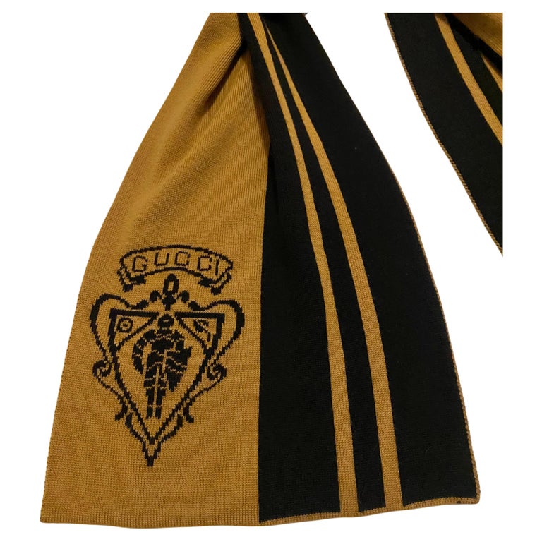 1990s Gucci Large Stripe Beige Black Logo Wool Scarf