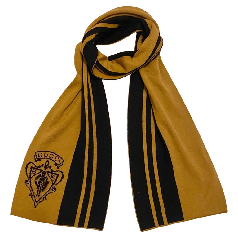 1990s Gucci Large Stripe Beige Black Logo Wool Scarf