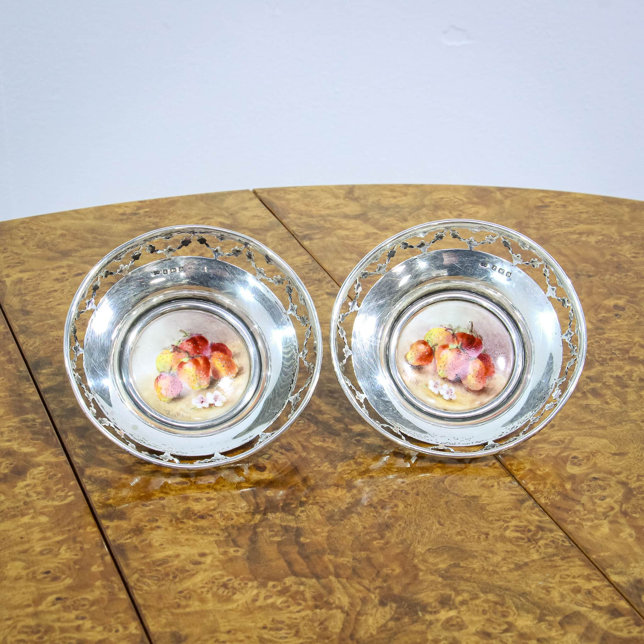 Pair Royal Worcester Silver Nut Dishes Signed Ricketts