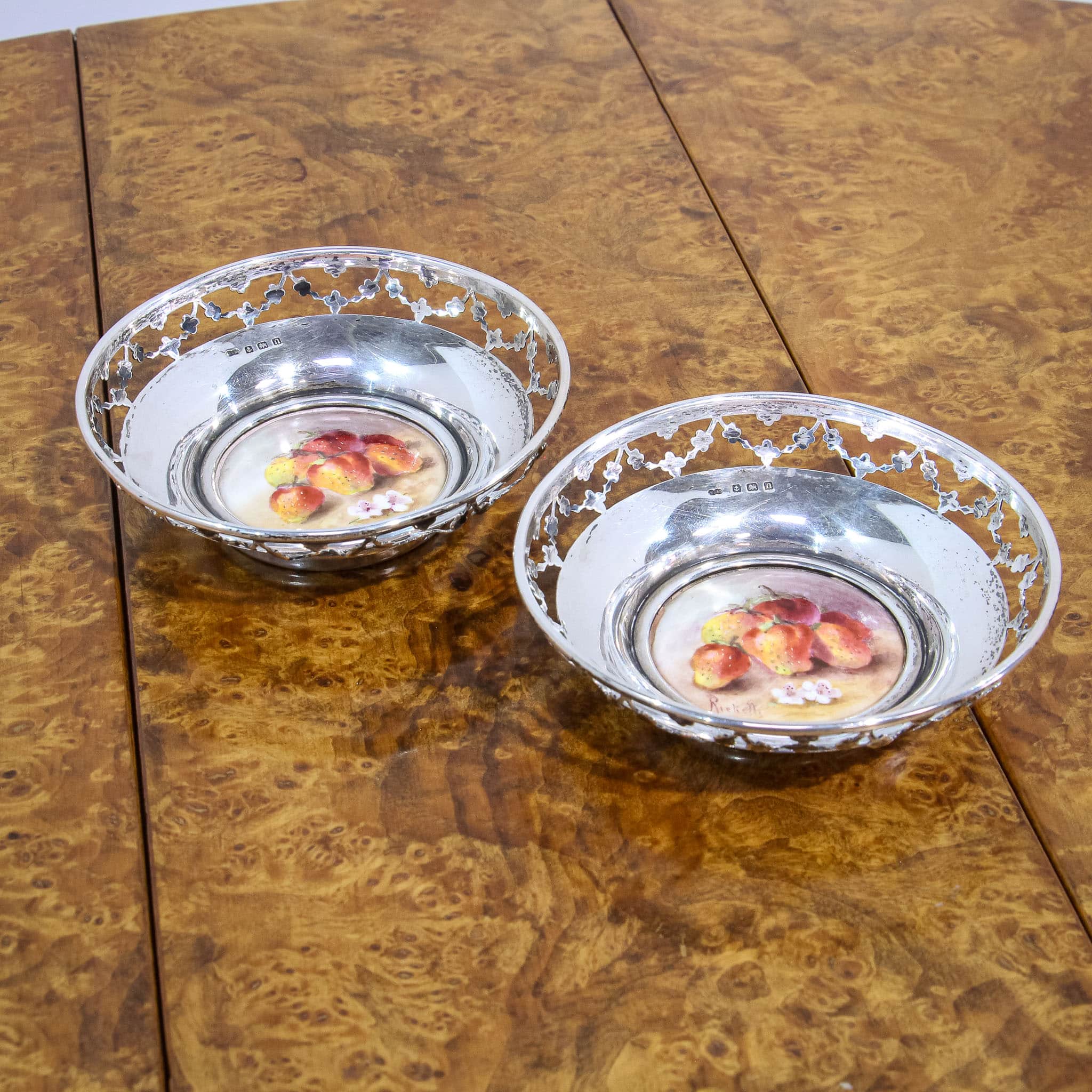 Pair Royal Worcester Silver Nut Dishes Signed Ricketts