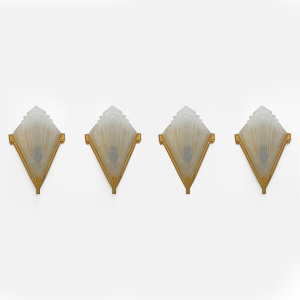 Four of Art Deco Pressed Glass and Brass Sconces, France, 1930s