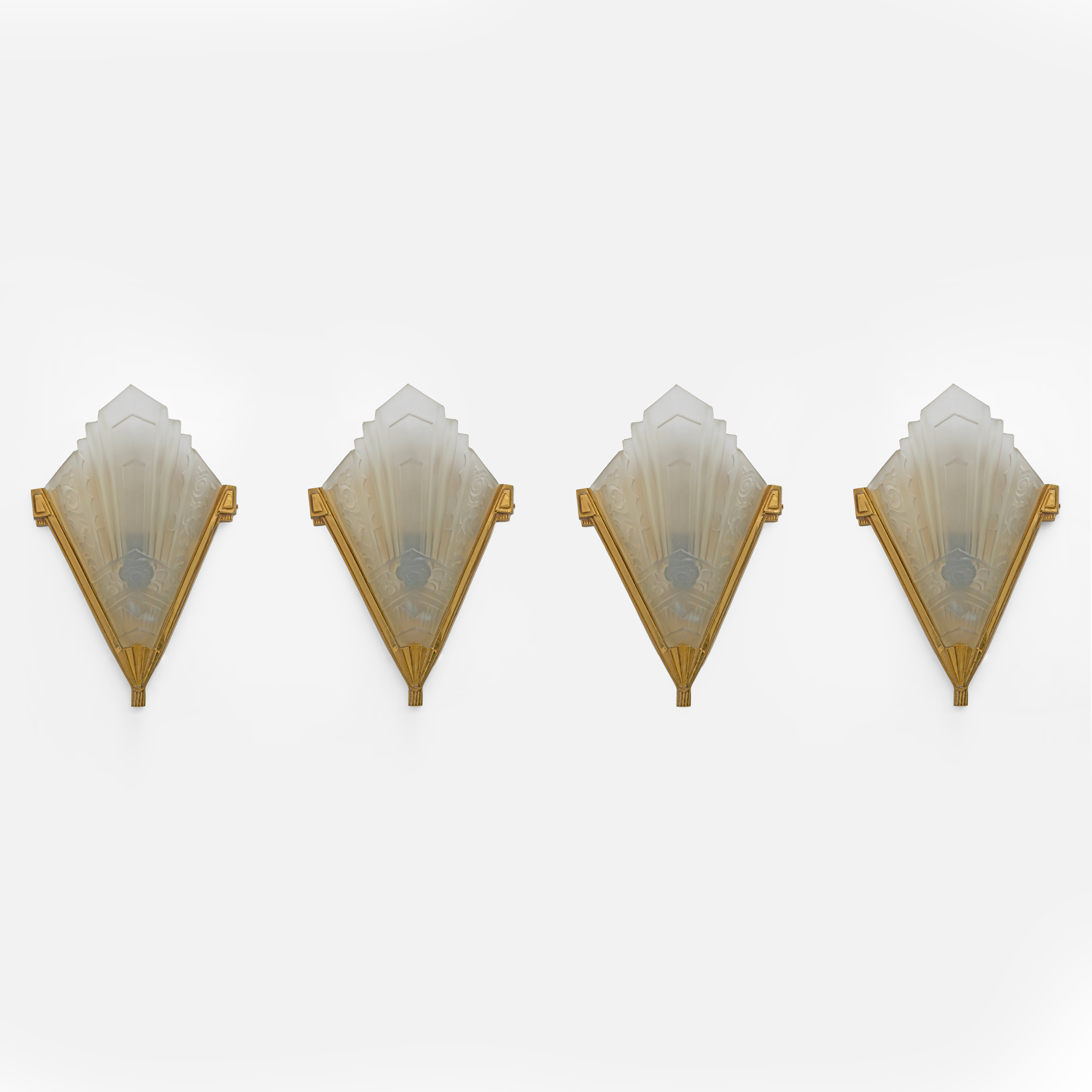Four of Art Deco Pressed Glass and Brass Sconces, France, 1930s