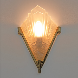 Four of Art Deco Pressed Glass and Brass Sconces, France, 1930s