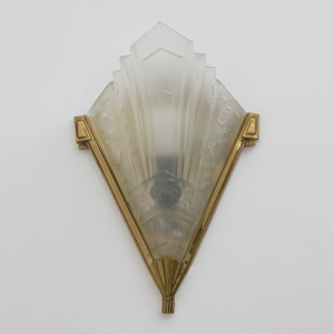 Four of Art Deco Pressed Glass and Brass Sconces, France, 1930s