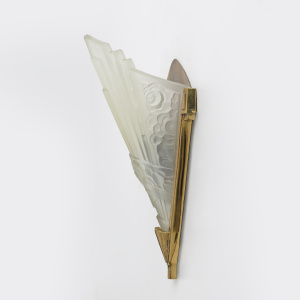 Four of Art Deco Pressed Glass and Brass Sconces, France, 1930s