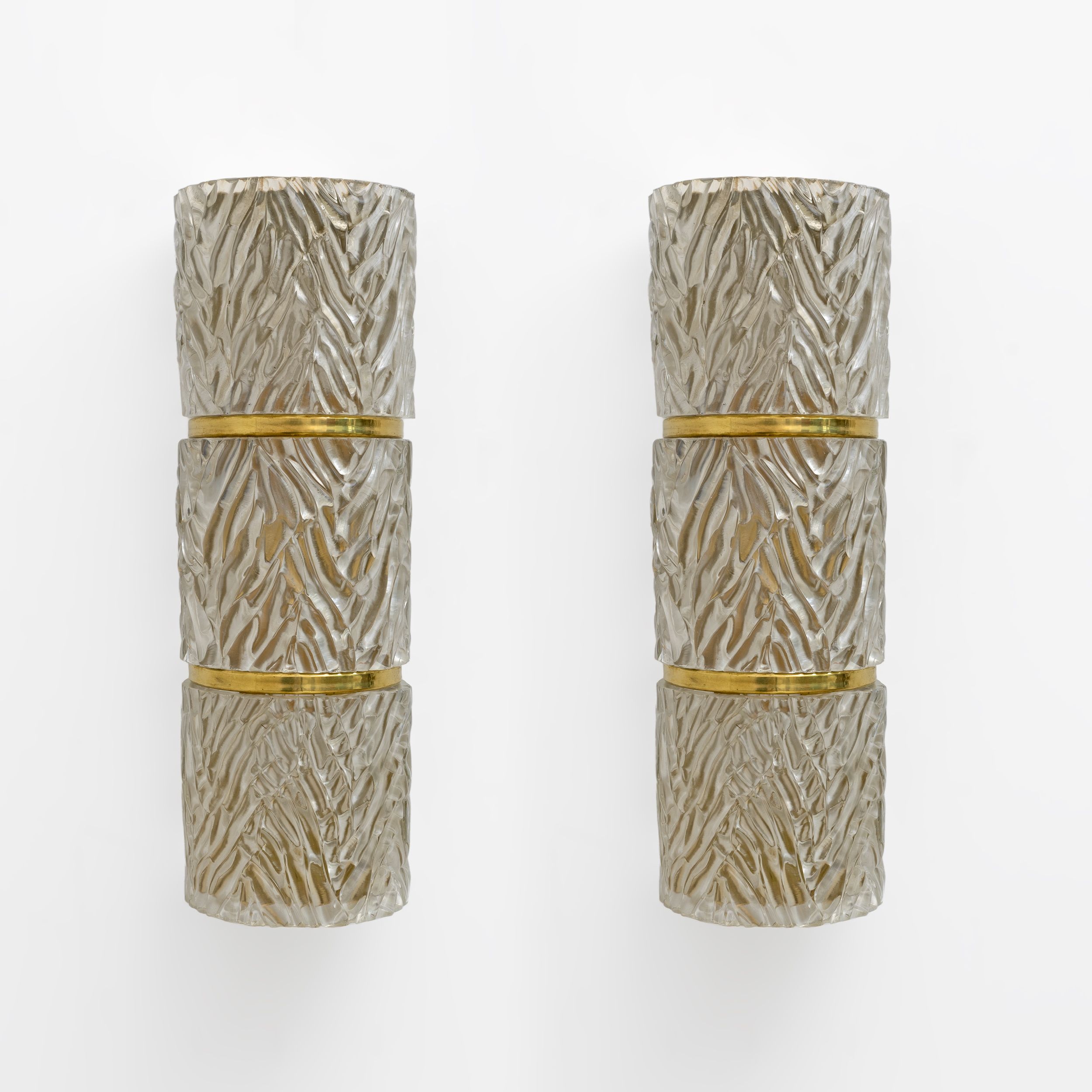 Pair of Modern Italian Brass and Murano Glass Textured Wall Sconces