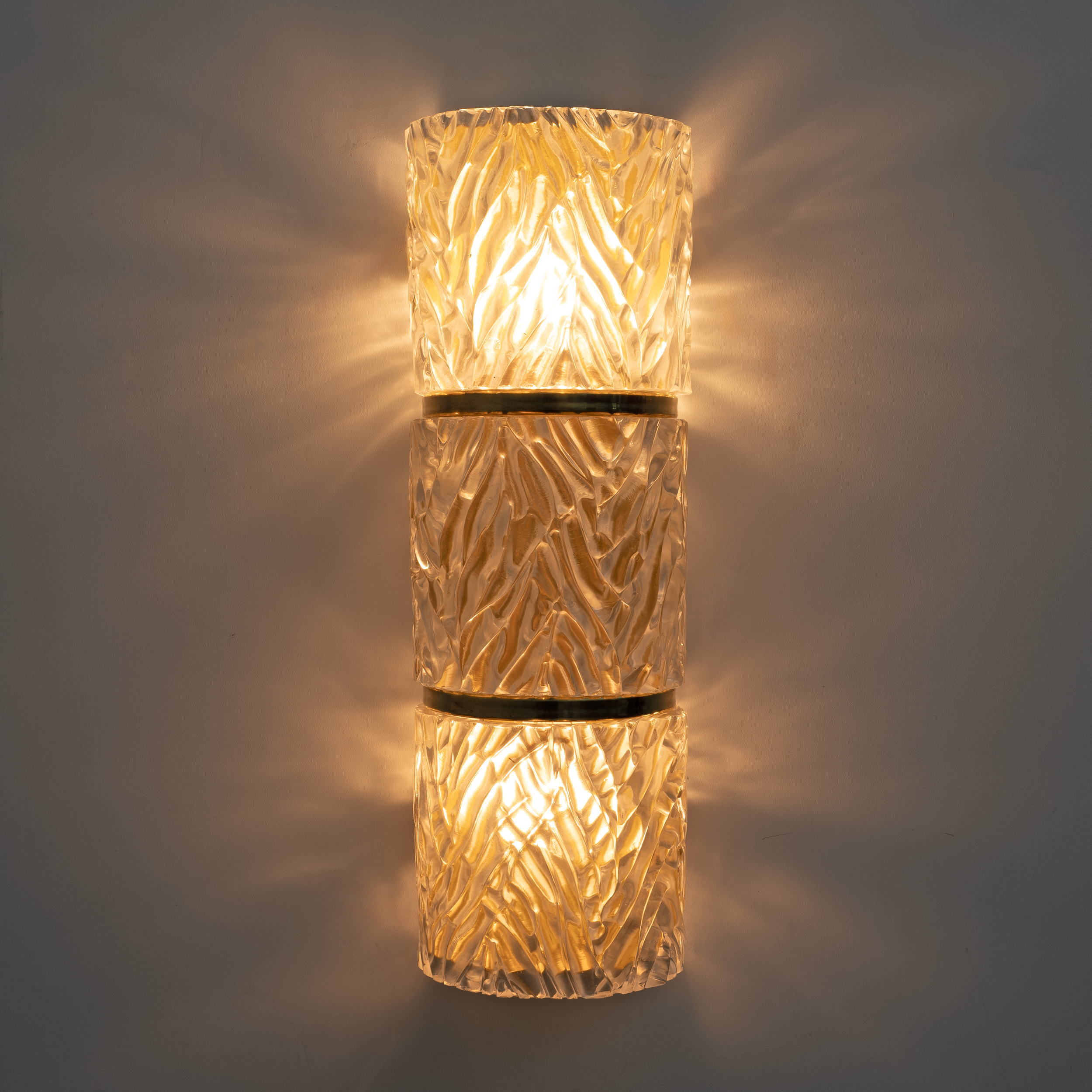 Pair of Modern Italian Brass and Murano Glass Textured Wall Sconces