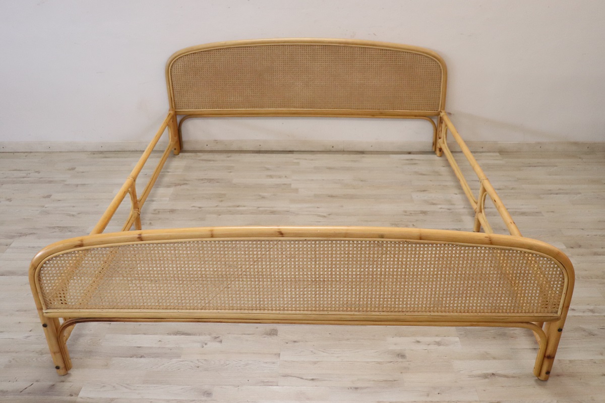 Vintage Double Bed in Bamboo and Vienna Straw, 1980s