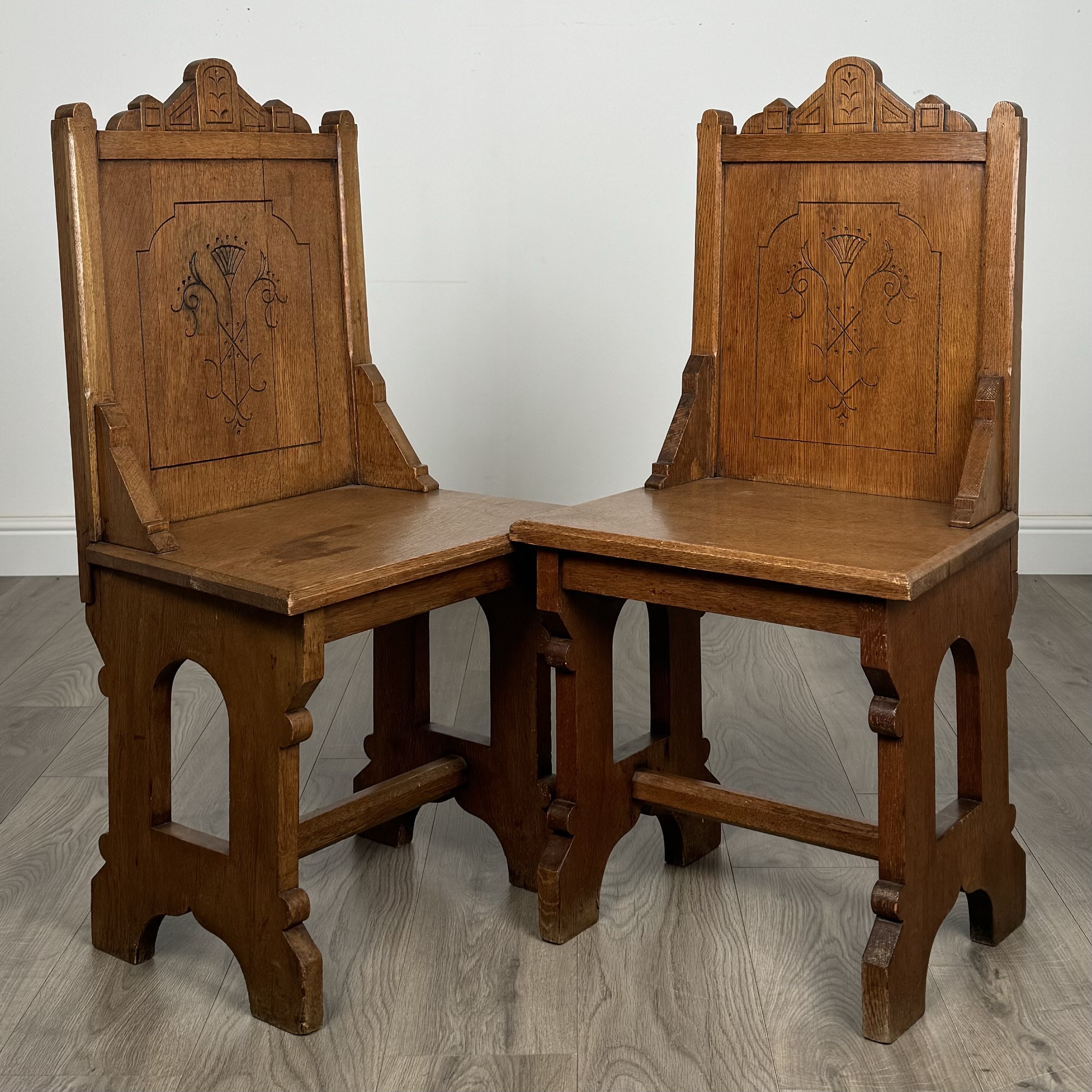 Antique 19th Century Pair Of Gothic Hall Chair’s In Oak