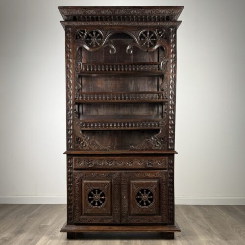 Antique 19th Century Heavily Carved French Breton Cabinet In Chestnut
