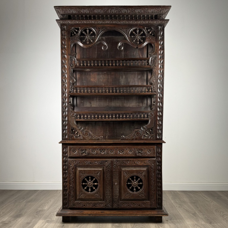 Antique 19th Century Heavily Carved French Breton Cabinet In Chestnut