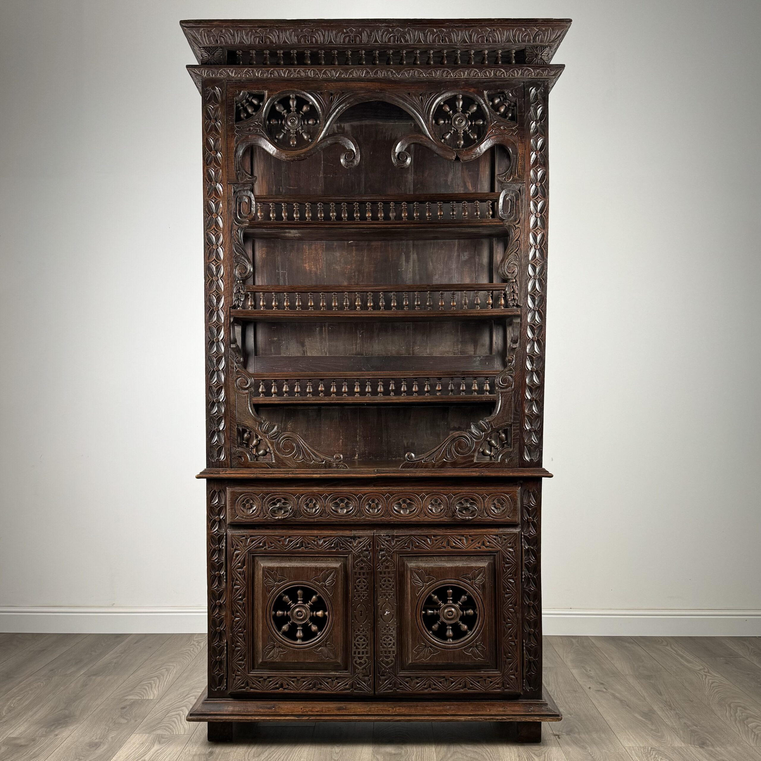 Antique 19th Century Heavily Carved French Breton Cabinet In Chestnut
