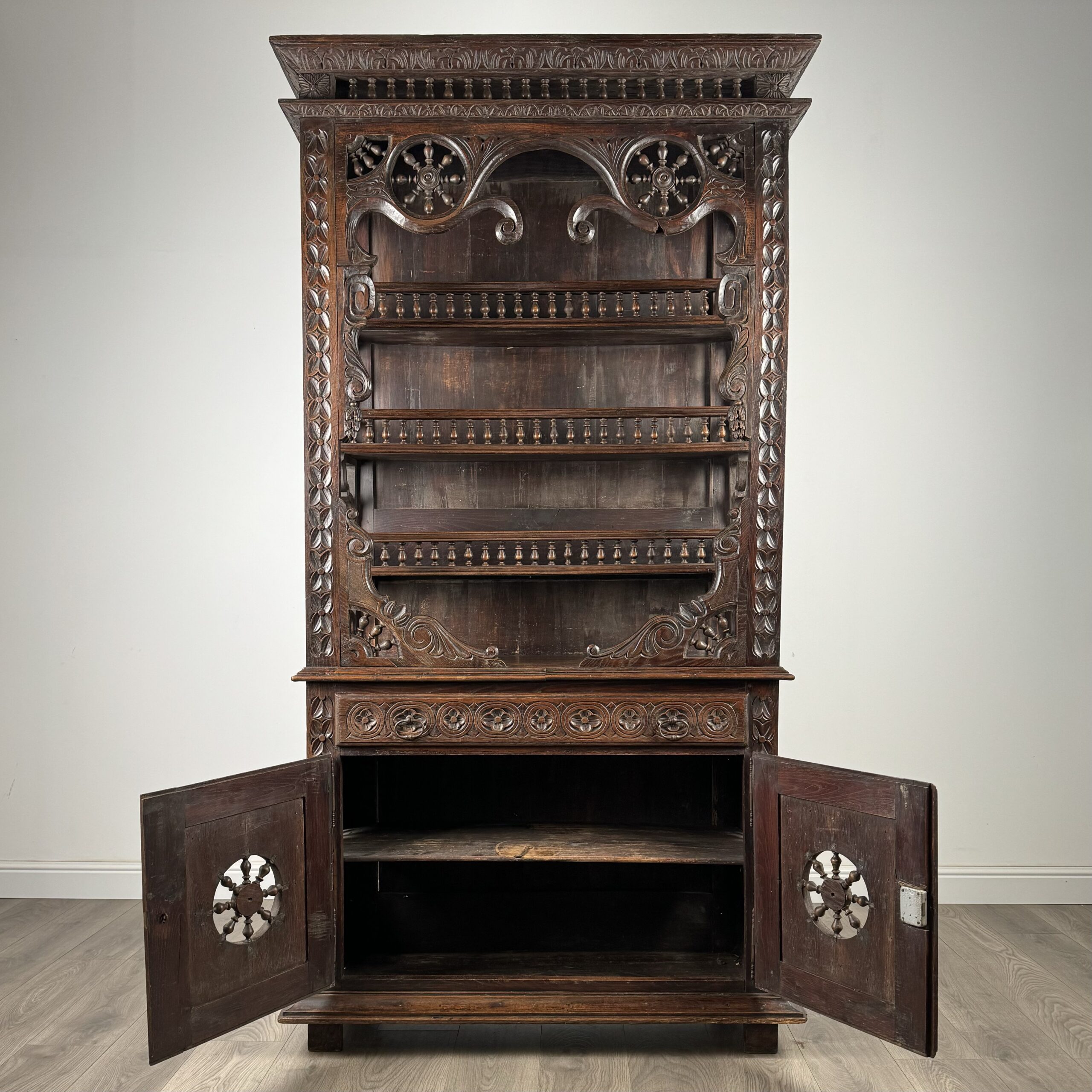 Antique 19th Century Heavily Carved French Breton Cabinet In Chestnut