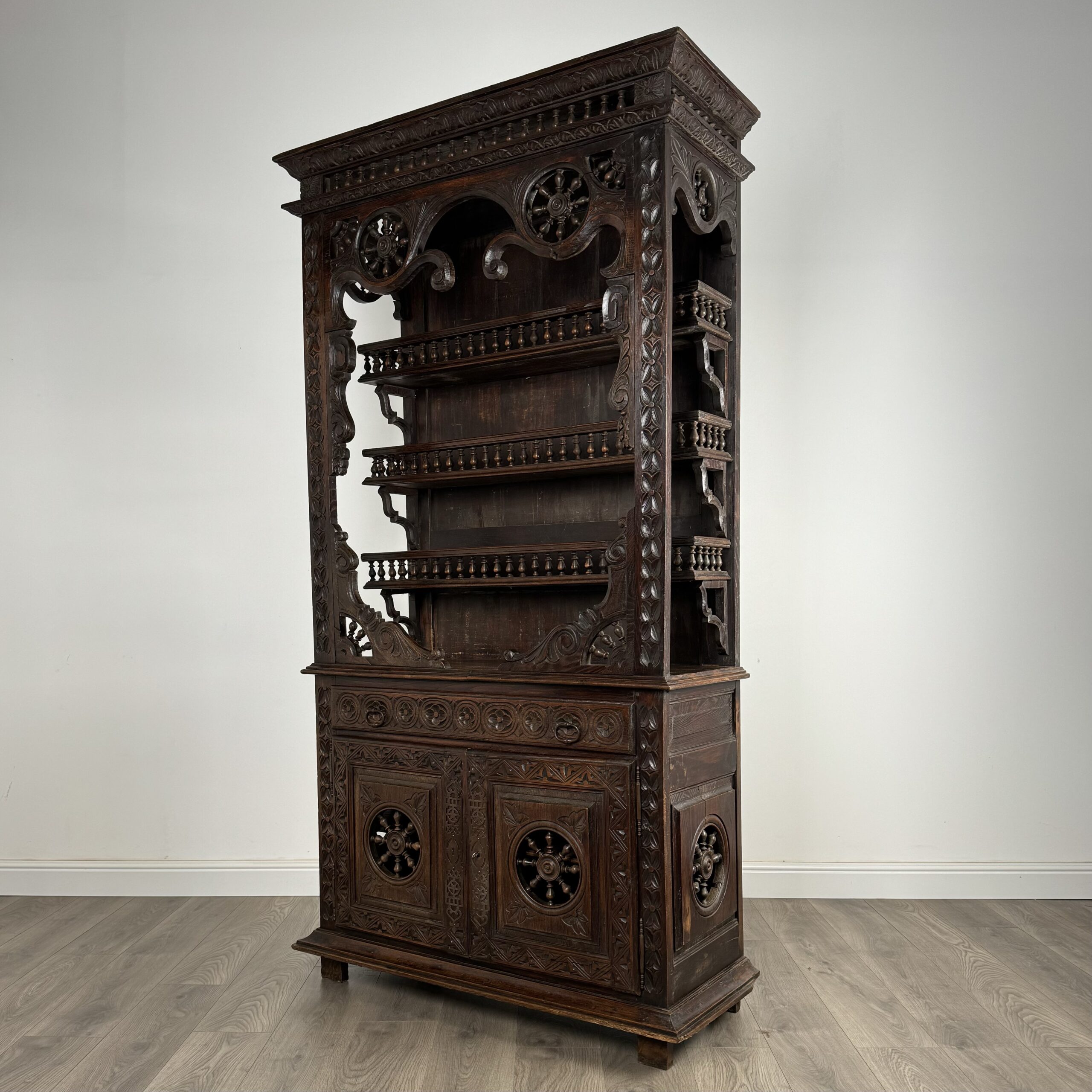 Antique 19th Century Heavily Carved French Breton Cabinet In Chestnut