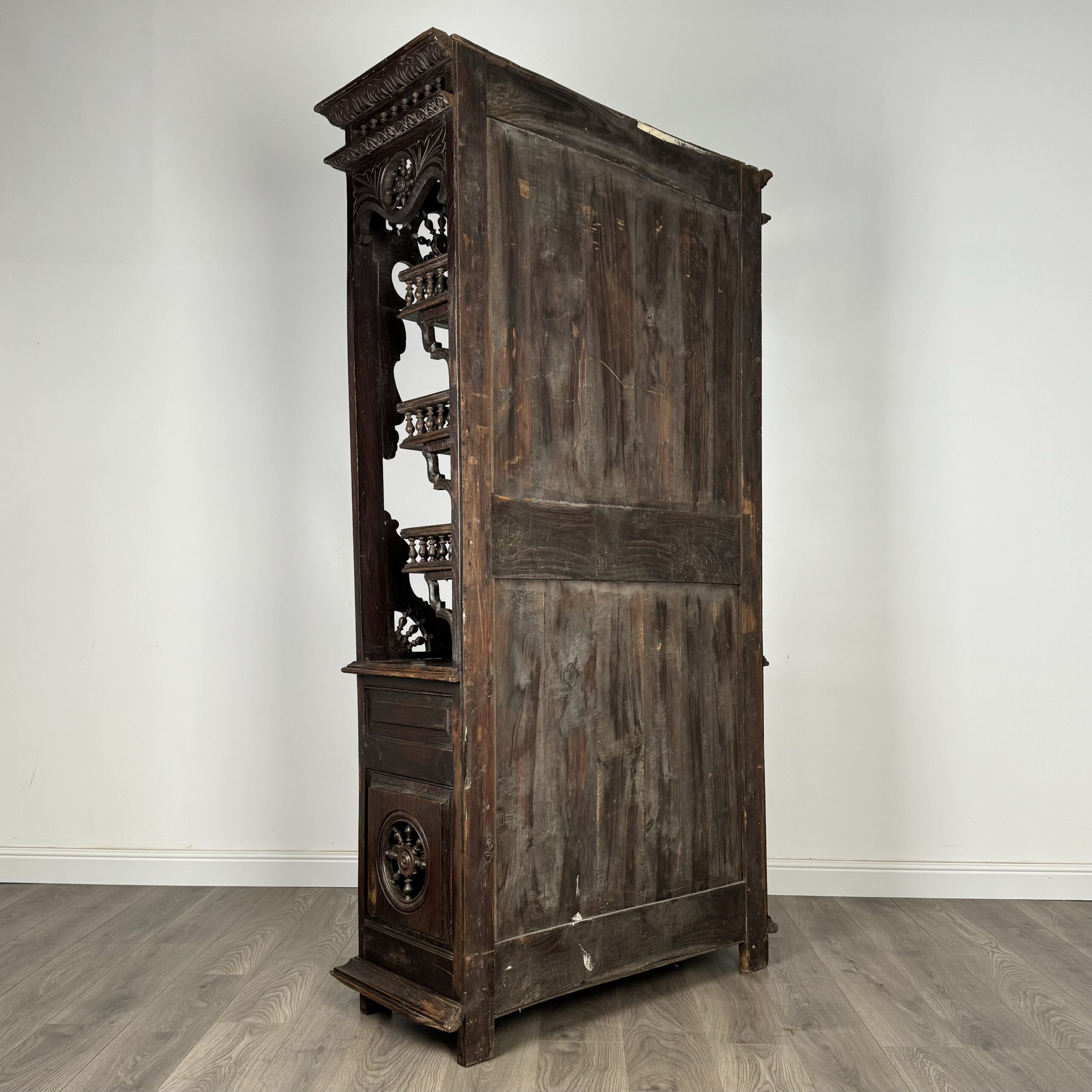 Antique 19th Century Heavily Carved French Breton Cabinet In Chestnut