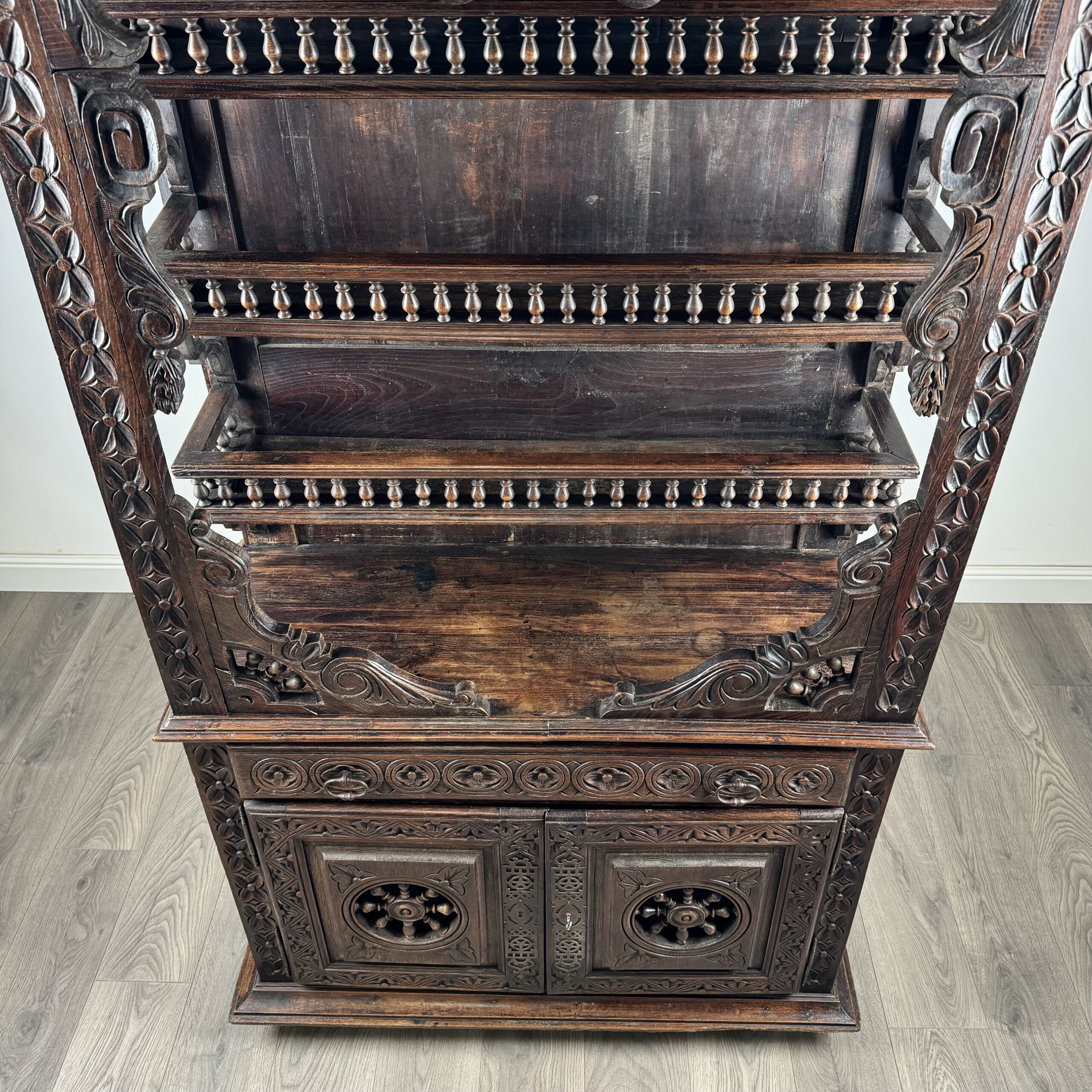 Antique 19th Century Heavily Carved French Breton Cabinet In Chestnut