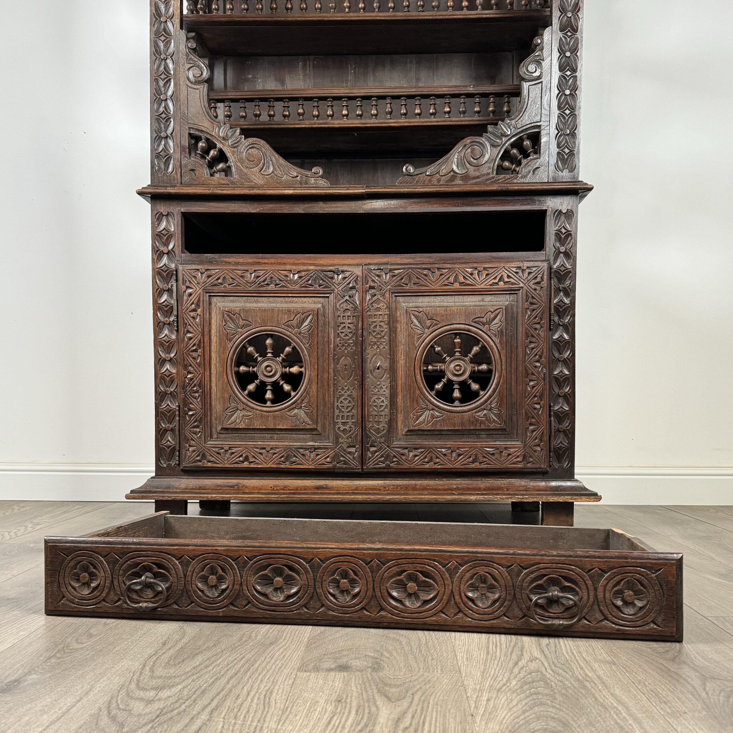 Antique 19th Century Heavily Carved French Breton Cabinet In Chestnut