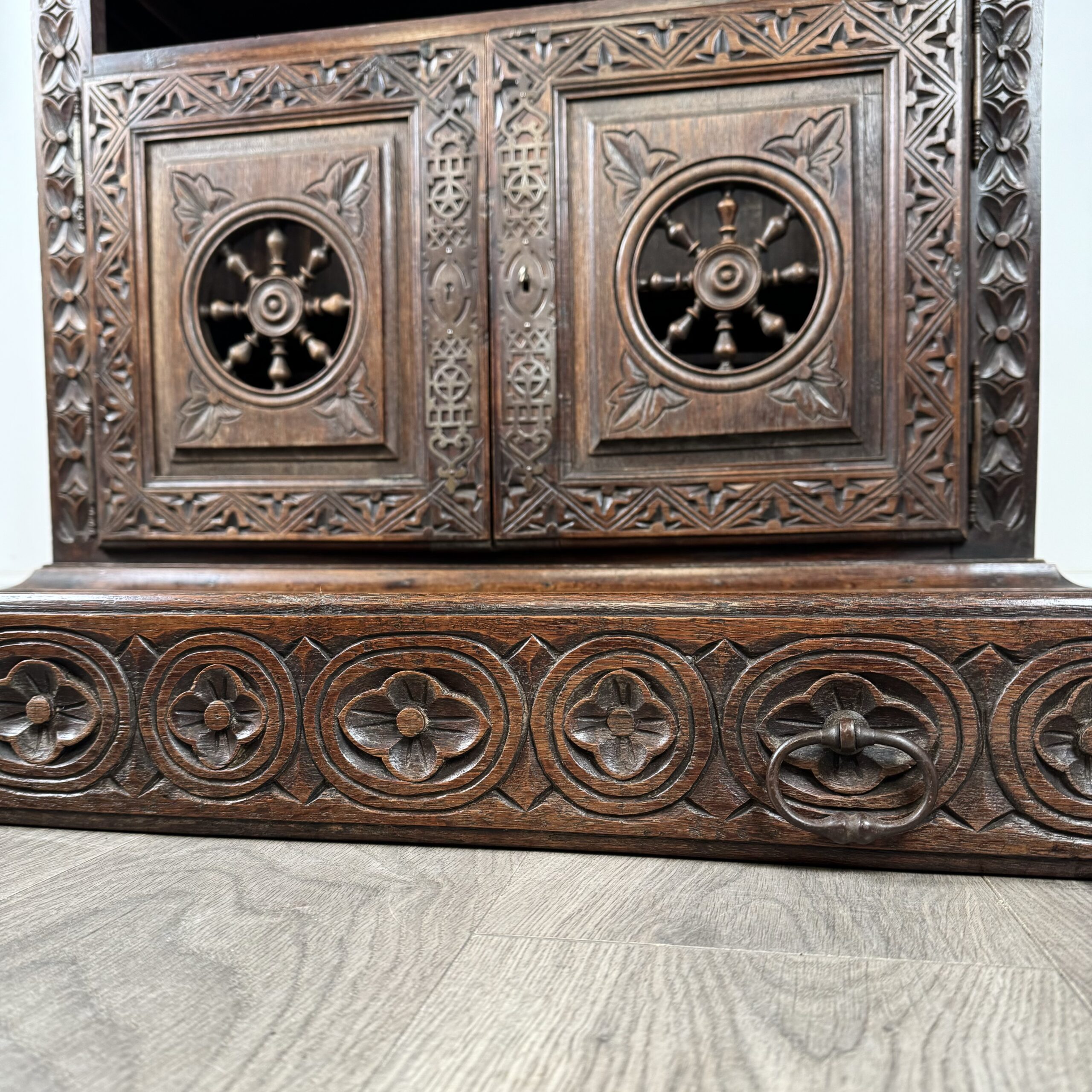 Antique 19th Century Heavily Carved French Breton Cabinet In Chestnut