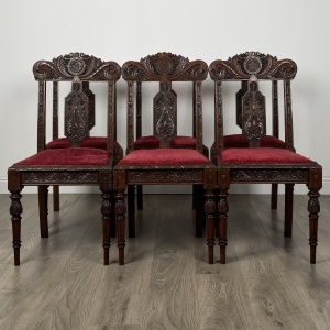 Antique Late 19th Century Set Of 6 Carved Oak Dining Chairs
