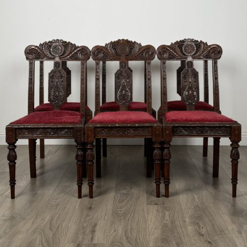 Antique Late 19th Century Set Of 6 Carved Oak Dining Chairs