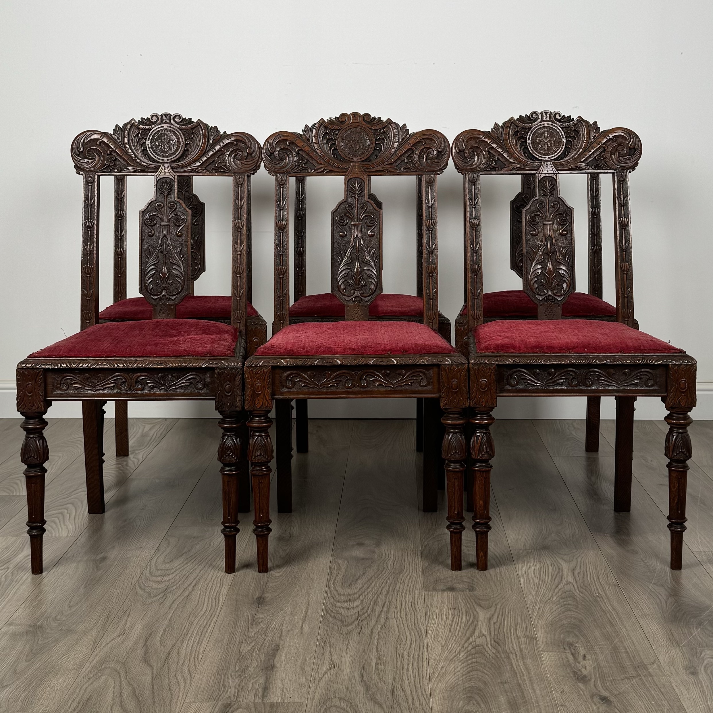 Antique Late 19th Century Set Of 6 Carved Oak Dining Chairs