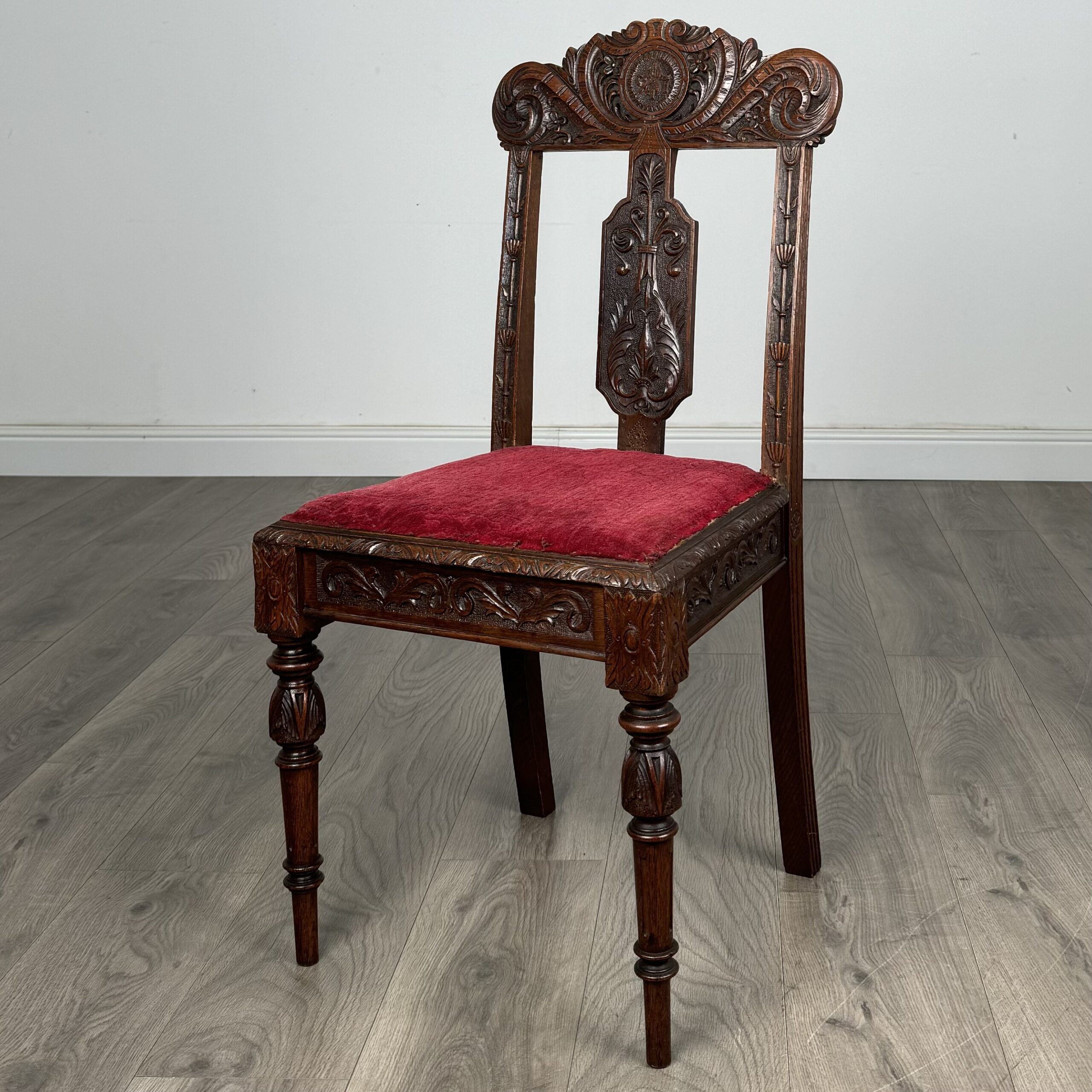 Antique Late 19th Century Set Of 6 Carved Oak Dining Chairs