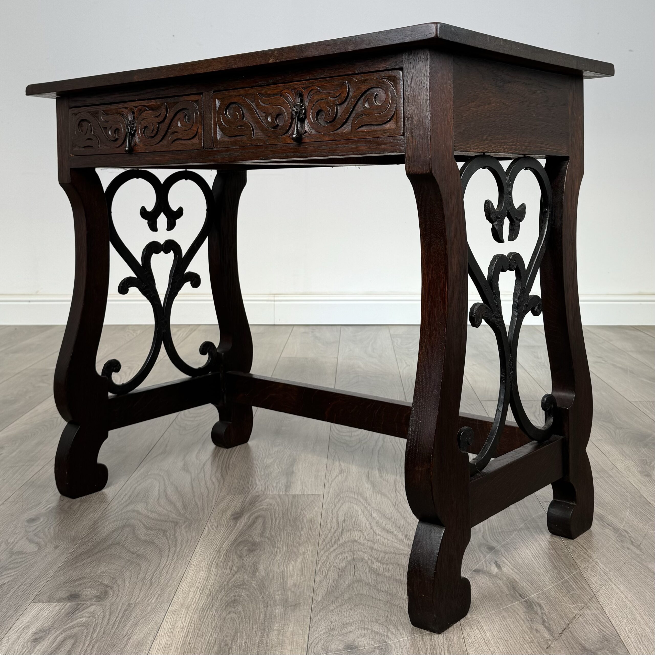 Antique 20th Century Carved Oak Writing Table With Stool