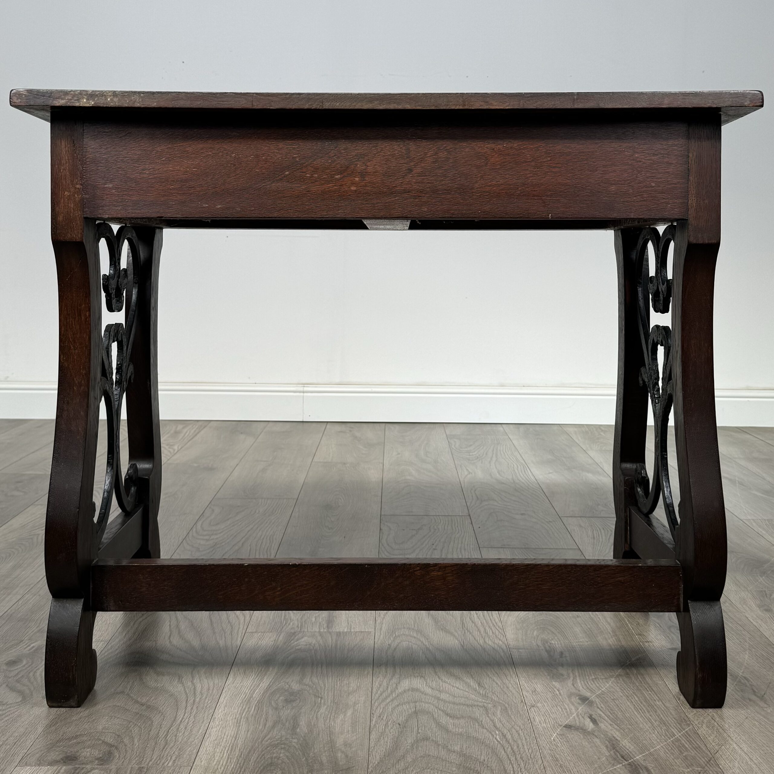 Antique 20th Century Carved Oak Writing Table With Stool