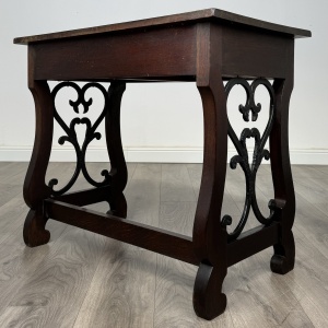Antique 20th Century Carved Oak Writing Table With Stool