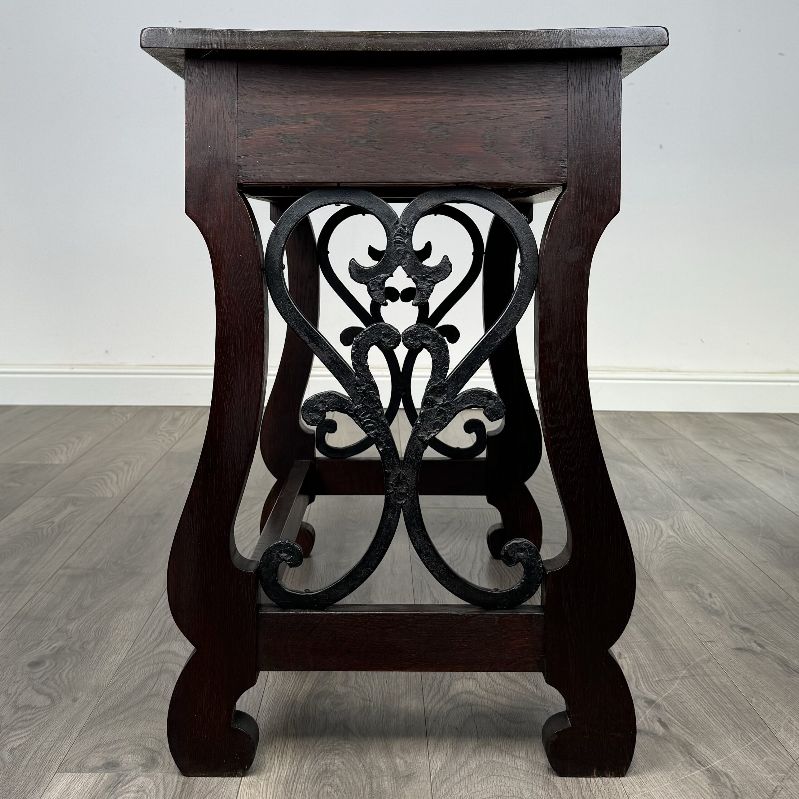 Antique 20th Century Carved Oak Writing Table With Stool