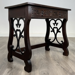 Antique 20th Century Carved Oak Writing Table With Stool