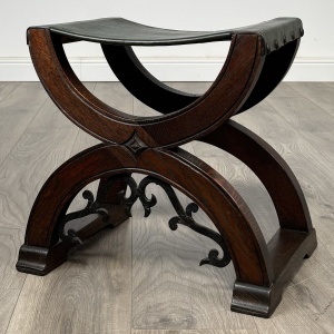 Antique 20th Century Carved Oak Writing Table With Stool