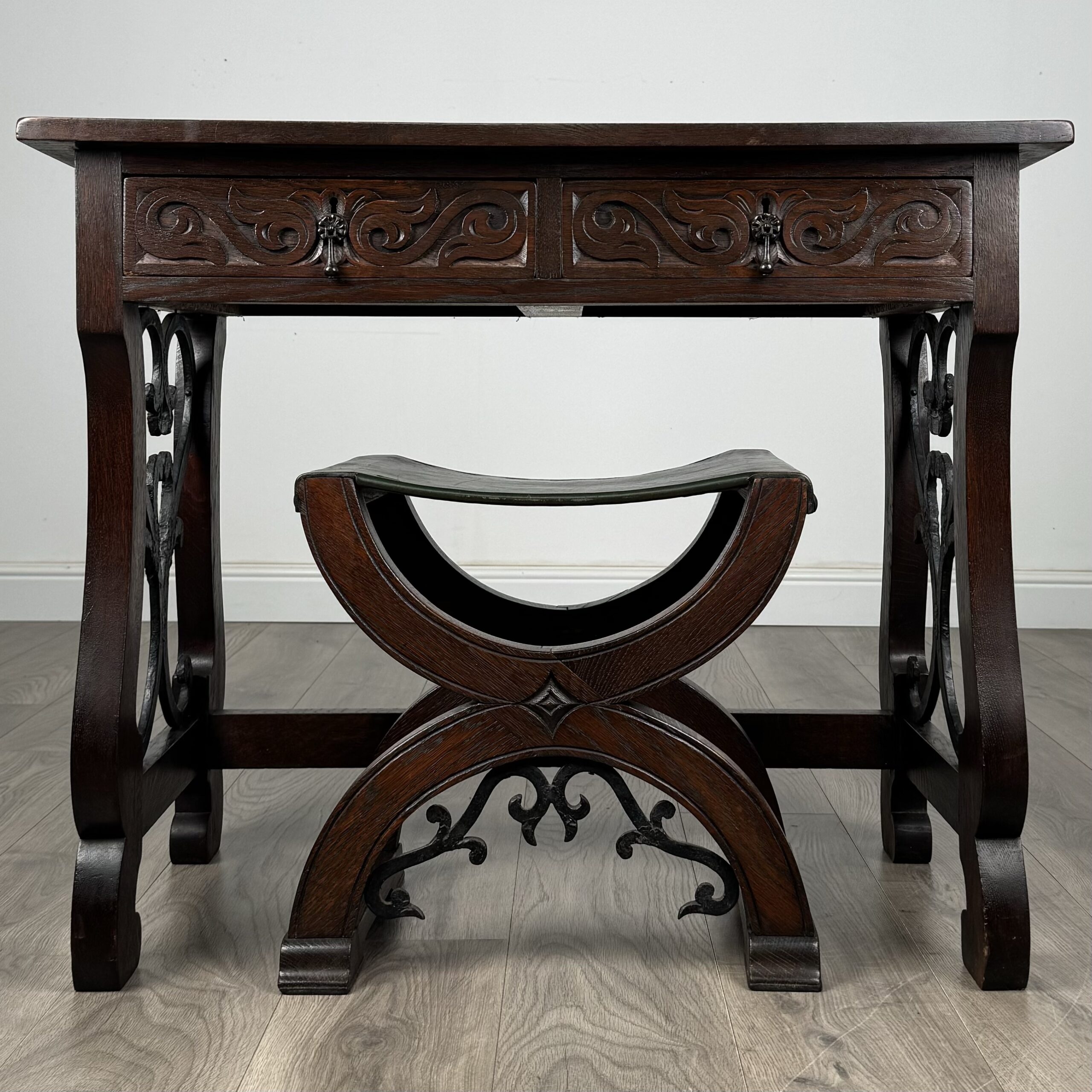 Antique 20th Century Carved Oak Writing Table With Stool