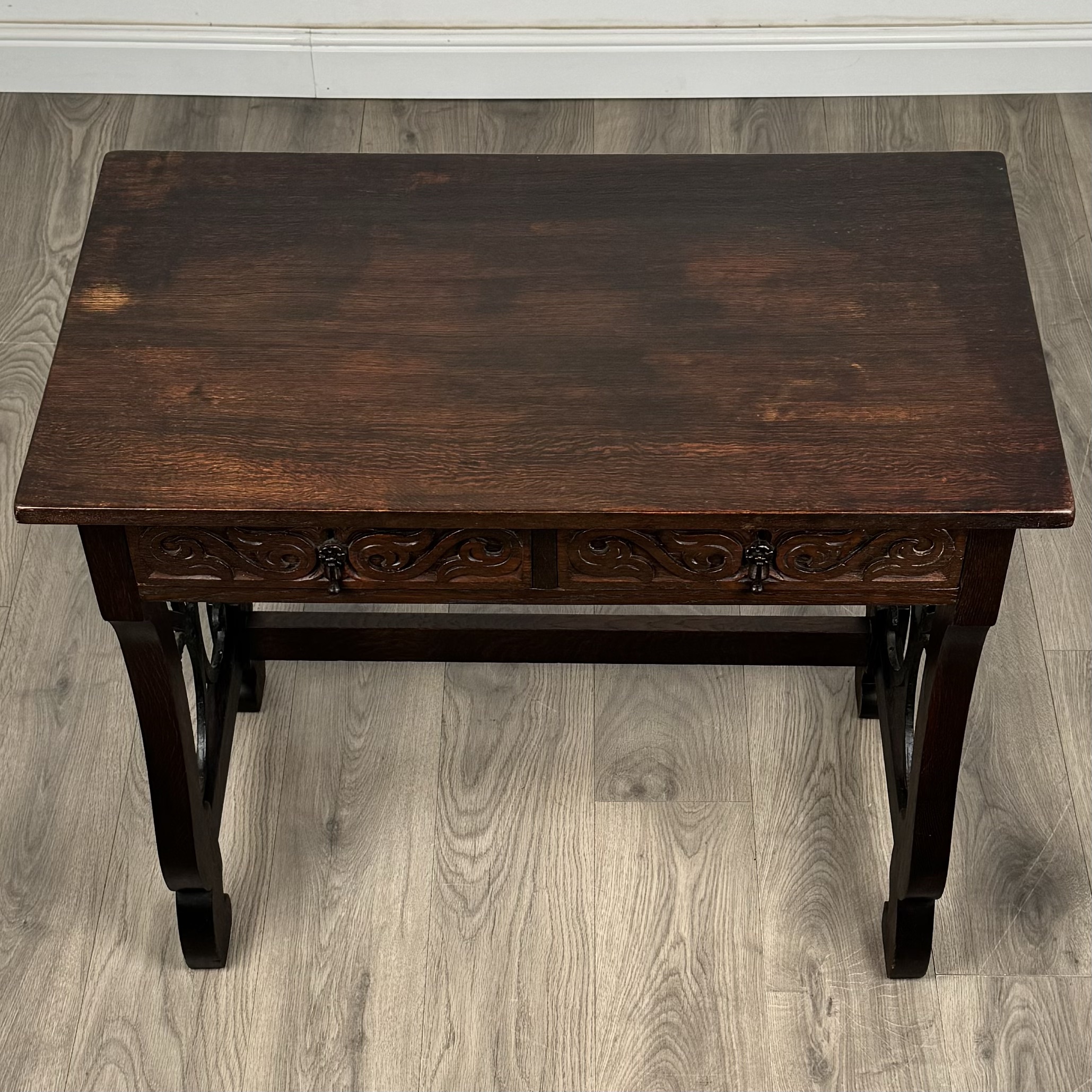 Antique 20th Century Carved Oak Writing Table With Stool