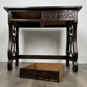 Antique 20th Century Carved Oak Writing Table With Stool