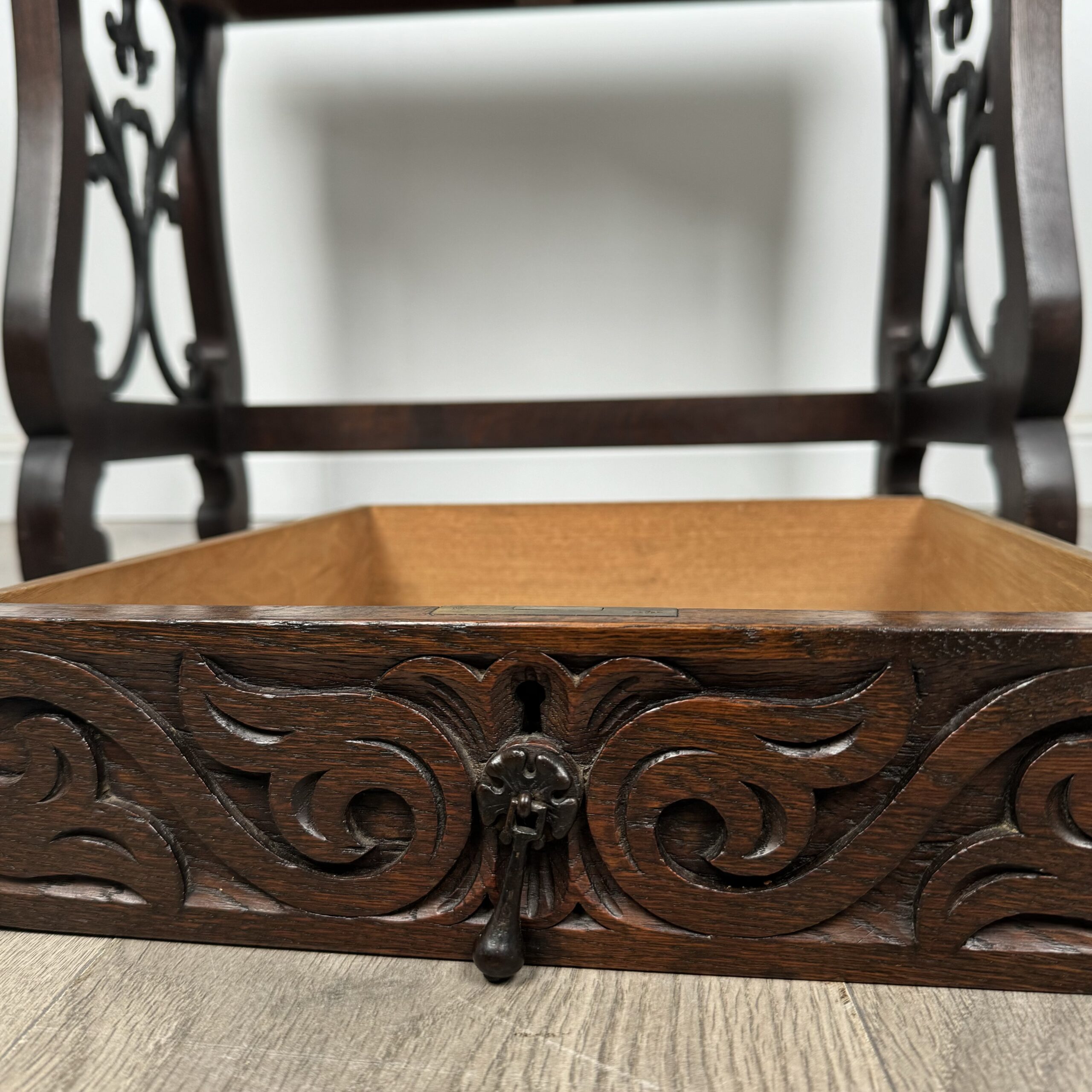 Antique 20th Century Carved Oak Writing Table With Stool