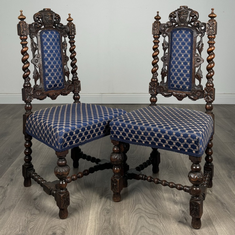 Antique 19th Century Pair Of Carved Hall Chair’s In Oak