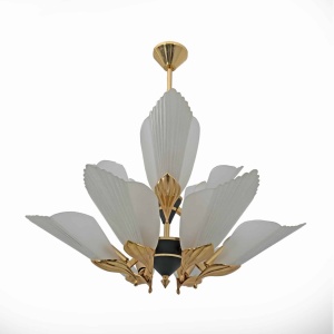 Nine-light Chandelier Brass and Acid-etched Glass by F. Fabbian, 1980s